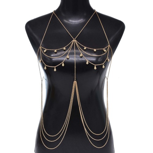 N-7998 Gold Multi-layer Chest Chain Body Chain Bell Tassel Body Jewelry