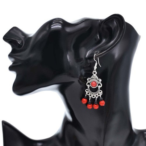 E-6553 Bohemian Moon Shape Turquoise Beads Tassel Drop Earrings for Women