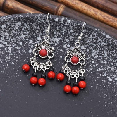 E-6553 Bohemian Moon Shape Turquoise Beads Tassel Drop Earrings for Women