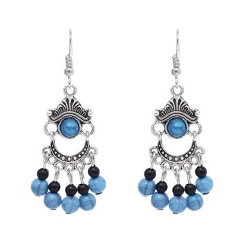E-6553 Bohemian Moon Shape Turquoise Beads Tassel Drop Earrings for Women