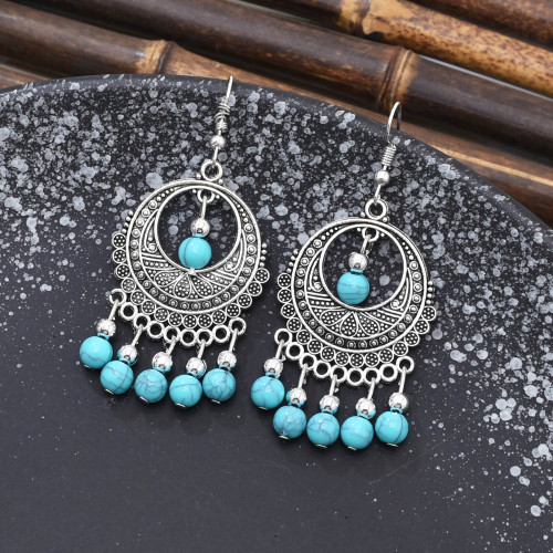 E-6552 Bohemian Traditional Turquoise Beads Tassel Lady Pendant Earrings Suitable for Ladies' Party Jewelry Gifts