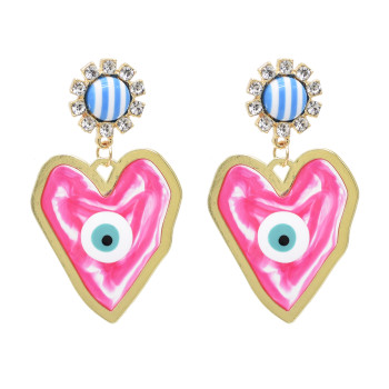 E-6554-BL/GR/RE Heart Evil Eye Oil Drop Earring Alloy Fresh Rhinestone Drop Dangle for Woman Girl Party Birthday Gift Daily Jewelry