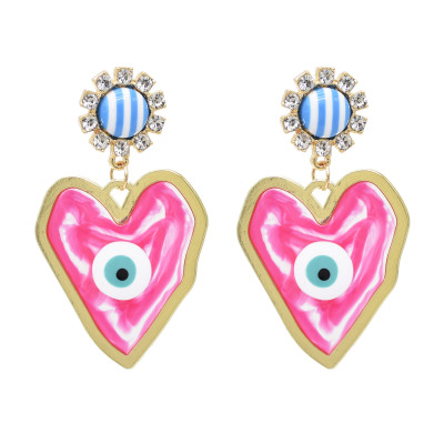 E-6554-BL/GR/RE Heart Evil Eye Oil Drop Earring Alloy Fresh Rhinestone Drop Dangle for Woman Girl Party Birthday Gift Daily Jewelry