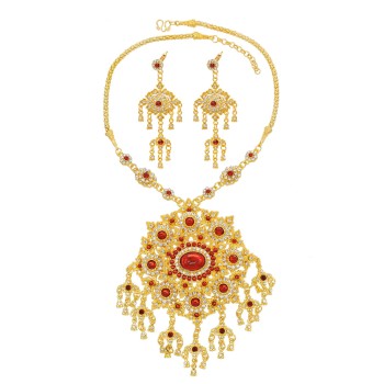 N-8004 Golden Thai Ethnic Red Rhinestone Crystal Flower Necklace Earring Set