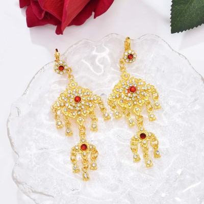 N-8004 Golden Thai Ethnic Red Rhinestone Crystal Flower Necklace Earring Set