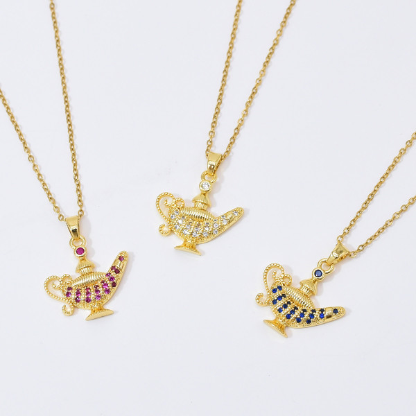 N-8000 Fashion Gold Alloy Red Clear Blue Crystal Lamp Type Necklace Simple Drop Necklace
