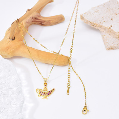 N-8000 Fashion Gold Alloy Red Clear Blue Crystal Lamp Type Necklace Simple Drop Necklace