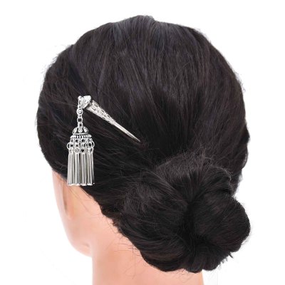 F-1050 Tassel Pendant Women Hairpin Ethnic Vintage Silver Carved Hair Jewelry