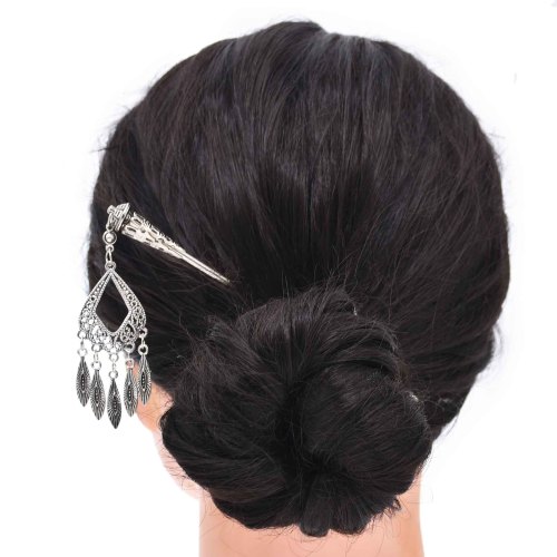 F-1050 Tassel Pendant Women Hairpin Ethnic Vintage Silver Carved Hair Jewelry