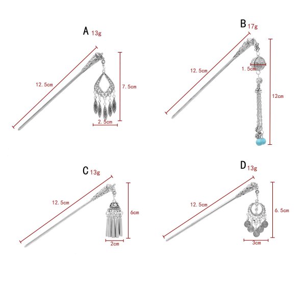 F-1050 Tassel Pendant Women Hairpin Ethnic Vintage Silver Carved Hair Jewelry
