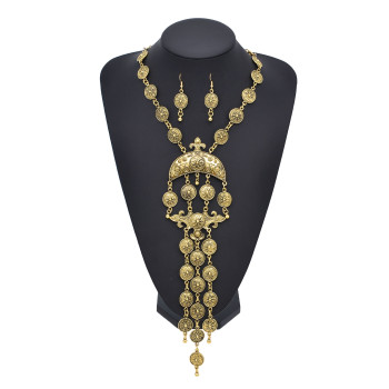 N-8010 Boho Ethnic Vintage Coin Tassel Earrings and Necklace Pendant Coin Chains Jewelry Set for Women Girls Birthday Gift