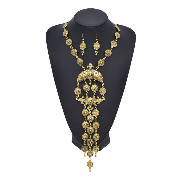 N-8010 Boho Ethnic Vintage Coin Tassel Earrings and Necklace Pendant Coin Chains Jewelry Set for Women Girls Birthday Gift