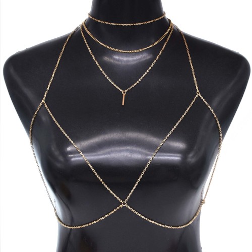 N-8011 Gold Metal Multi Layer Chest Chain Necklace Set Summer Beach Party Sexy Body Jewelry