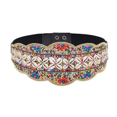 N-8012 Colorful Rice Bead Shell Leather Elastic Belt Bohemian Ethnic Body Jewelry