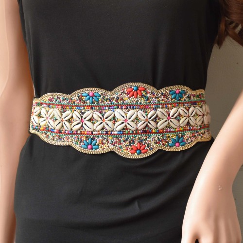 N-8012 Colorful Rice Bead Shell Leather Elastic Belt Bohemian Ethnic Body Jewelry