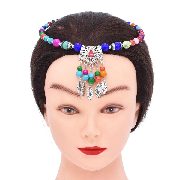 N-8014 Bead Women Hair Jewelry Ethnic Alloy Leaves Tassel Vintage Carved Pendant Headband
