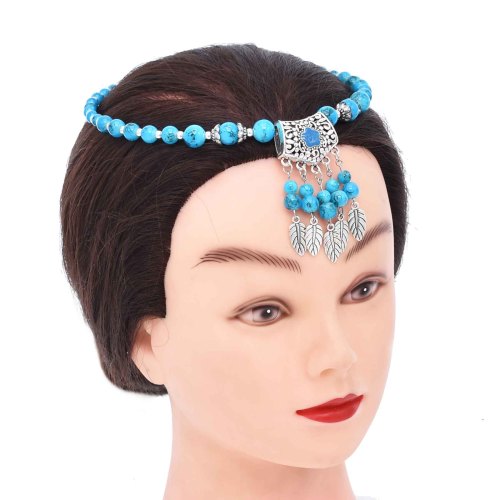 N-8014 Bead Women Hair Jewelry Ethnic Alloy Leaves Tassel Vintage Carved Pendant Headband