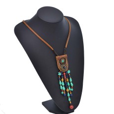 N-8016 Tibetan Ethnic Leather Turquoise Pendant Necklace Bohemian Traditional Clothing Choker Jewelry