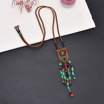 N-8016 Tibetan Ethnic Leather Turquoise Pendant Necklace Bohemian Traditional Clothing Choker Jewelry