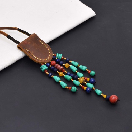 N-8016 Tibetan Ethnic Leather Turquoise Pendant Necklace Bohemian Traditional Clothing Choker Jewelry