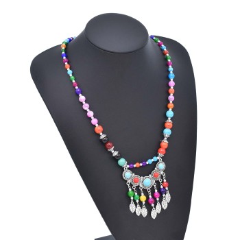 N-8019 Vintage Silver Leaf Tassel Tibetan Red Colorful Beaded Choker Necklace