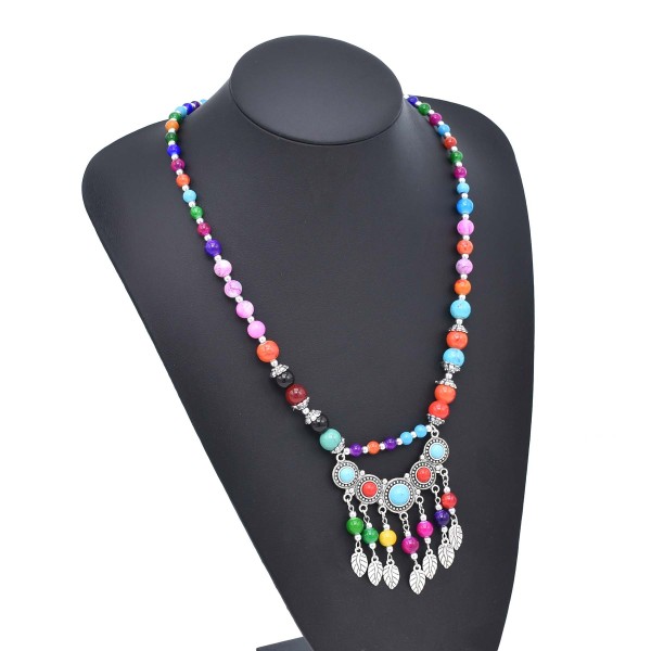N-8019 Vintage Silver Leaf Tassel Tibetan Red Colorful Beaded Choker Necklace