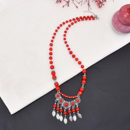 N-8019 Vintage Silver Leaf Tassel Tibetan Red Colorful Beaded Choker Necklace
