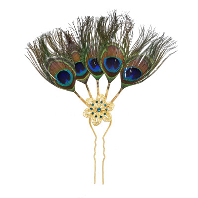 F-1055 Ethnic Traditional Handmade Peacock Feather Hair Stick Flower Shape Alloy Women's Hairpin Declaration Jewelry Hair Accessories Gift