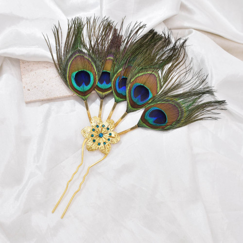 F-1055 Ethnic Traditional Handmade Peacock Feather Hair Stick Flower Shape Alloy Women's Hairpin Declaration Jewelry Hair Accessories Gift