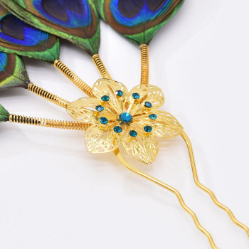 F-1055 Ethnic Traditional Handmade Peacock Feather Hair Stick Flower Shape Alloy Women's Hairpin Declaration Jewelry Hair Accessories Gift