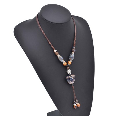 N-8028 Heart shaped Ceramic Pendant Sweater Chain Necklace Tibetan Ethnic Style Statement Necklaces