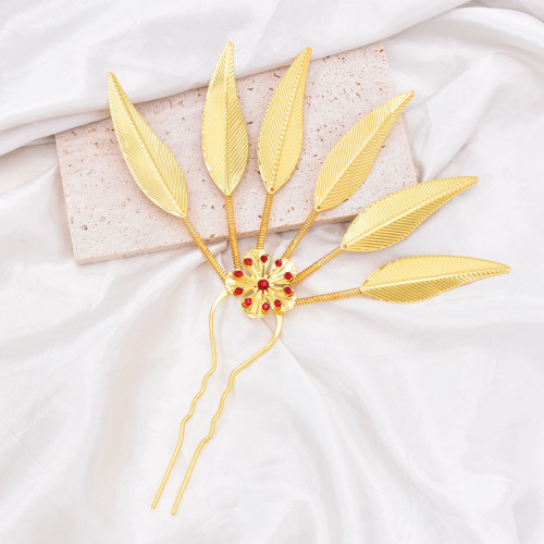 F-1056-G/F-1056-S Alloy Ethnic Leaves Hair Stick Rhinestone Flower Shape Women's Hairpin Decoration Jewelry Hair Accessories Gift