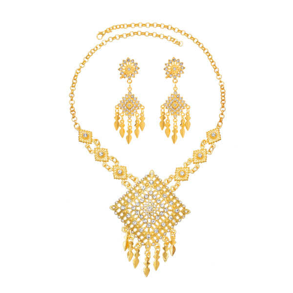 N-8033 Golden Traditional Thai Ethnic Red Water Diamond Colorful Crystal Flower Women's Necklace Earring Set Gift