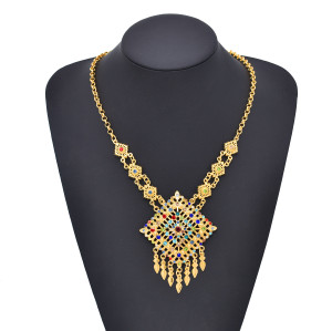 N-8033 Golden Traditional Thai Ethnic Red Water Diamond Colorful Crystal Flower Women's Necklace Earring Set Gift