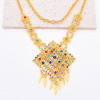 N-8033 Golden Traditional Thai Ethnic Red Water Diamond Colorful Crystal Flower Women's Necklace Earring Set Gift