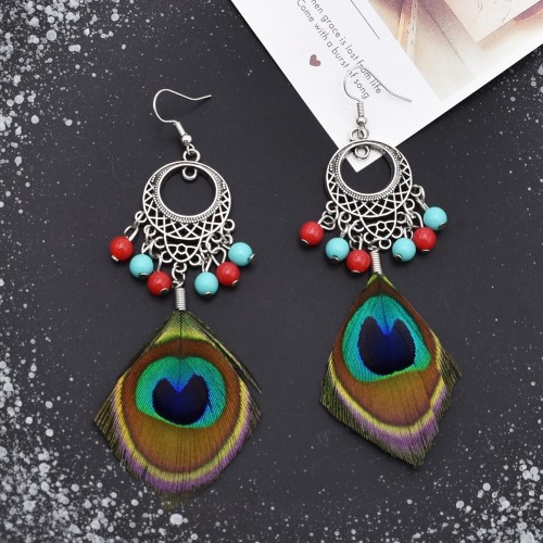 E-6568  Bohemian Traditional Turquoise Beads Tassel Lady Pendant Earrings Ladies' Party Jewelry