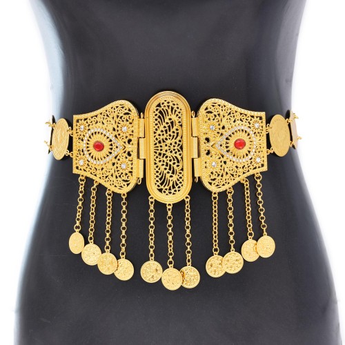 N-8034 Vintage Gold Coin Tassel Metal Belly Belt Rhinestone Water Drop Waist Chain for Women Girls Dancing Party Jewelry Decoration