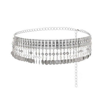 N-8037 Silver Rhinestone Coin Tassel Body Chain Dancing Belly Chain Waist Belt Chains for Women Girls Birthday Party Vacation Decoration