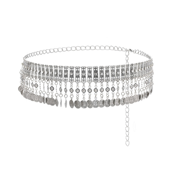 N-8037 Silver Rhinestone Coin Tassel Body Chain Dancing Belly Chain Waist Belt Chains for Women Girls Birthday Party Vacation Decoration