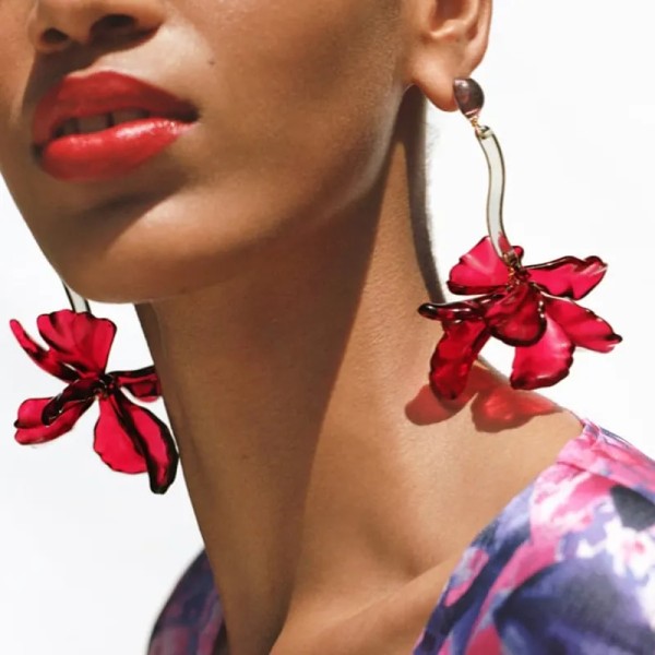 E-6565 Fashion Big Red Acrylic Flower Dangle Earrings Petals Earrings for Women