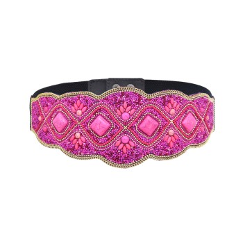 N-8055 Rose Red Geometric Block Stone Waistband Elastic Leather Belts