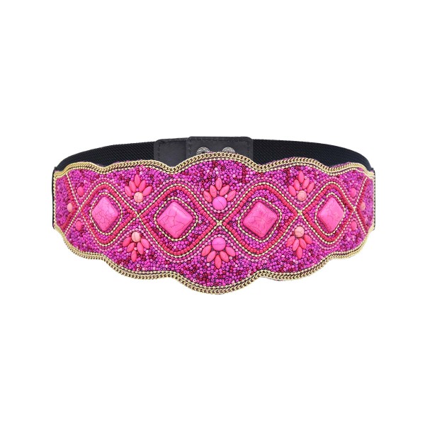 N-8055 Rose Red Geometric Block Stone Waistband Elastic Leather Belts