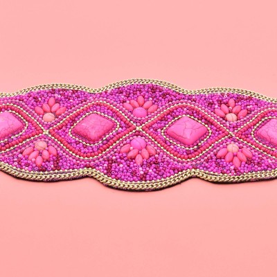 N-8055 Rose Red Geometric Block Stone Waistband Elastic Leather Belts