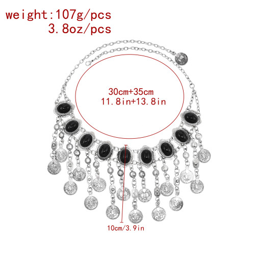 N-8058 Coin Tassel Women Necklace Vintage Bohemian Ethnic Black Bead Chains Chokers for Girls Vacation Birthday Party