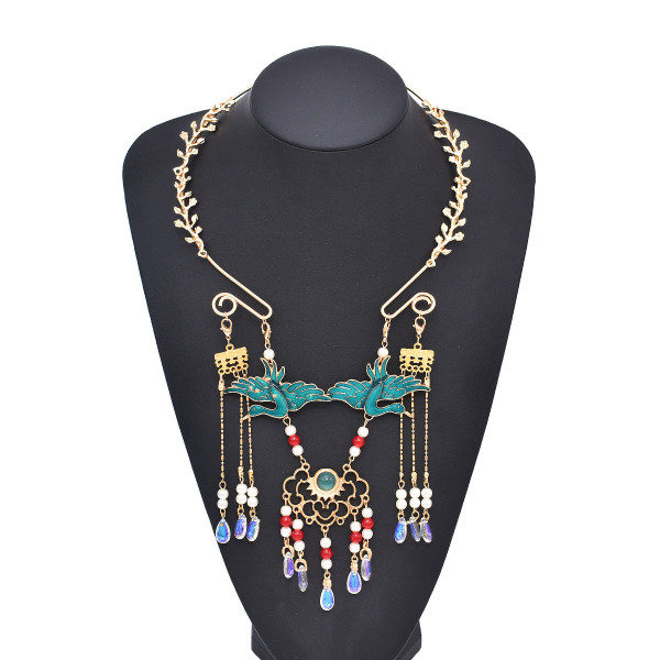 N-8062 New Vintage White Crane Noble Luxury Pearl Metal Long Tassel Pendant Necklace Women's Party Jewelry
