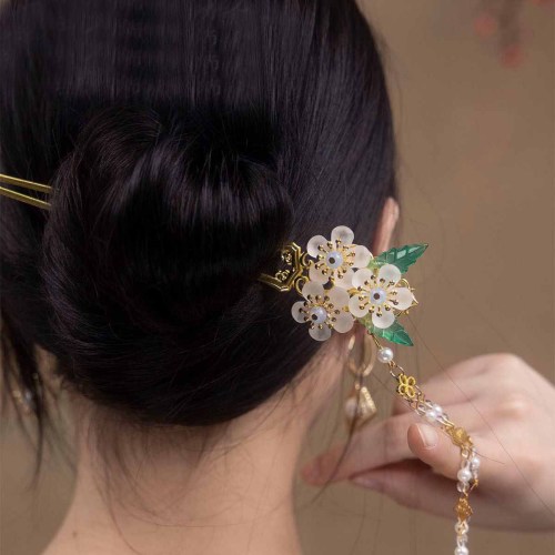 F-1071 Vintage Long Tassel Pendant Women Hairpin Ethnic Gold Alloy Clear Acrylic Flowers Green Leaf Carved Hair Jewelry
