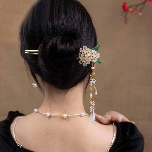 F-1071 Vintage Long Tassel Pendant Women Hairpin Ethnic Gold Alloy Clear Acrylic Flowers Green Leaf Carved Hair Jewelry
