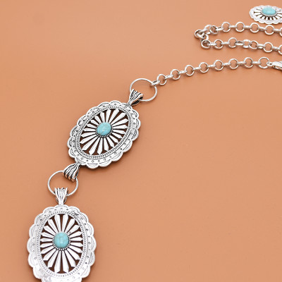 N-8065 Bohemian Fashion Gypsy Silver Plated Alloy Coin Tassel Blue Resin Beads Belly Body Chain Waist Chain Body Jewelry