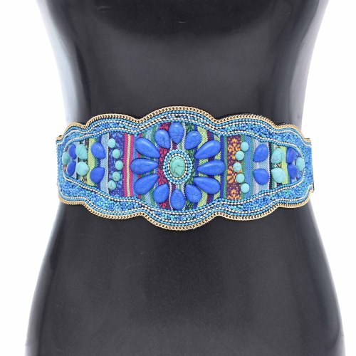 N-8068 Handmade Bohemian Waist Belt  Green Blue Turquoise Elastic Statement Belly  Body Chain Dress Belt  Ethnic Jewelry