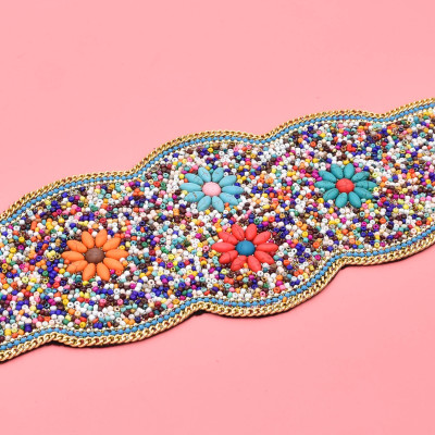 N-8067 Bohemian Flower Bead Belt Ethnic Statement Wide Elastic Body Belt for Women Girls Dancing